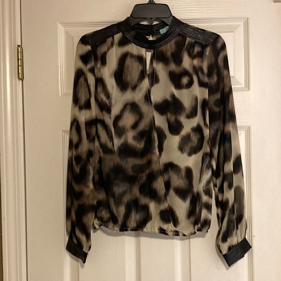 Karlie Tops - Karlie Black and Brown Graphic Blouse with Mandarin Collar